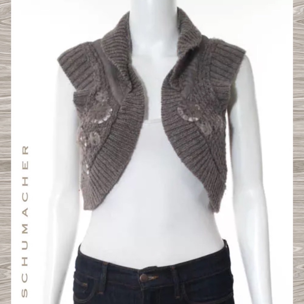 SCHUMACHER Taupe Wool Knit Jeweled Detail Shrug